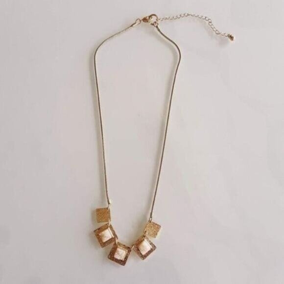Hammered Gold Necklace Squares raw stone inset New with Tags - Picture 3 of 15